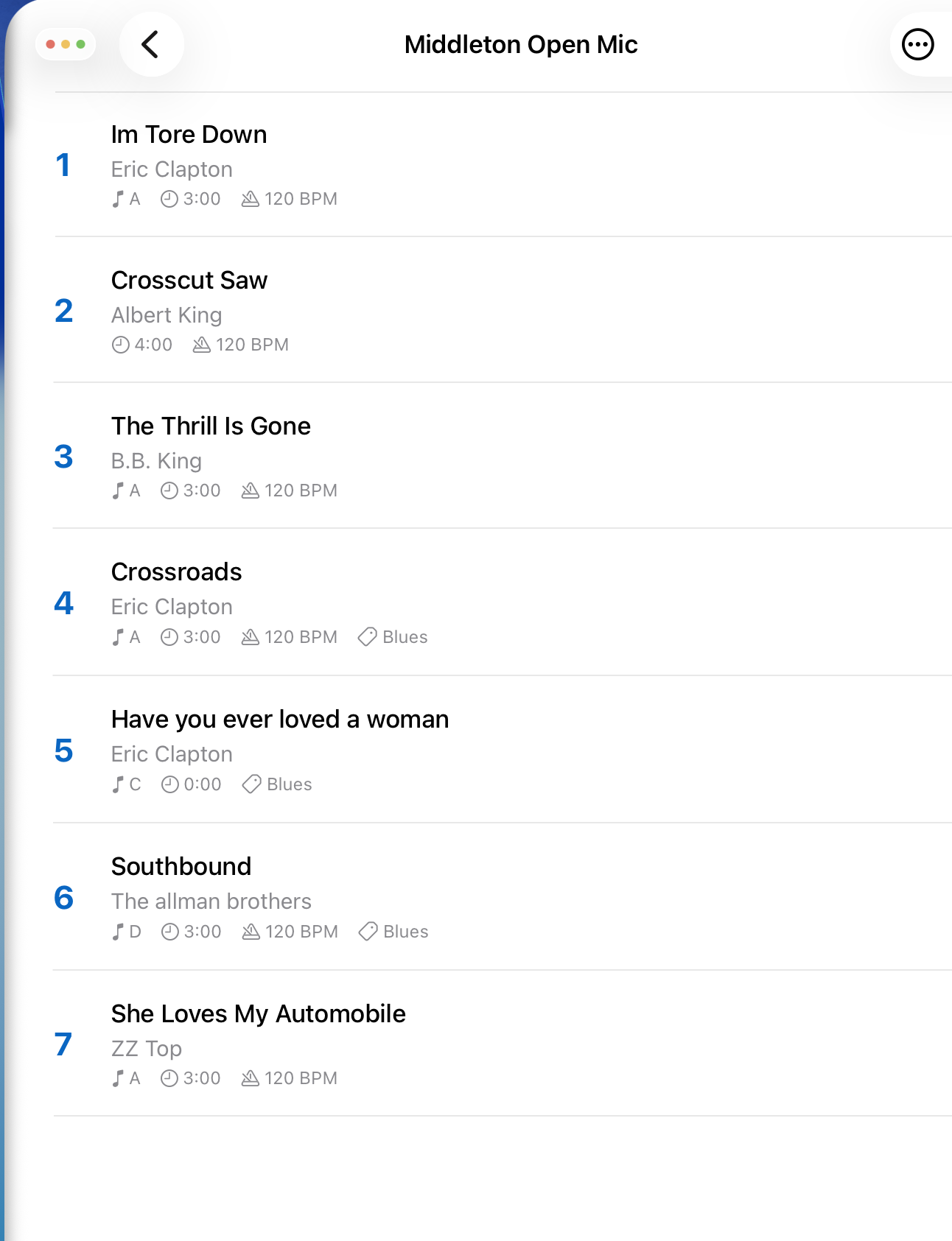 A setlist in Band Central showing numbered songs with artist, key, duration, and tempo