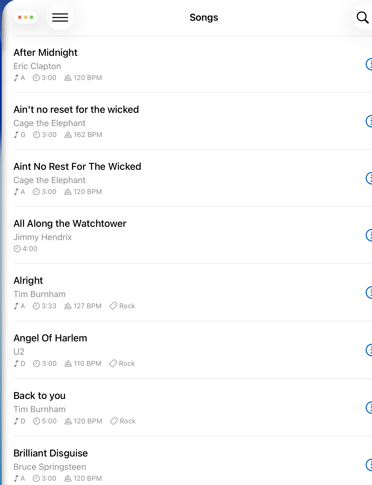 The Songs list in Band Central showing songs with artist, key, duration, tempo, and tags