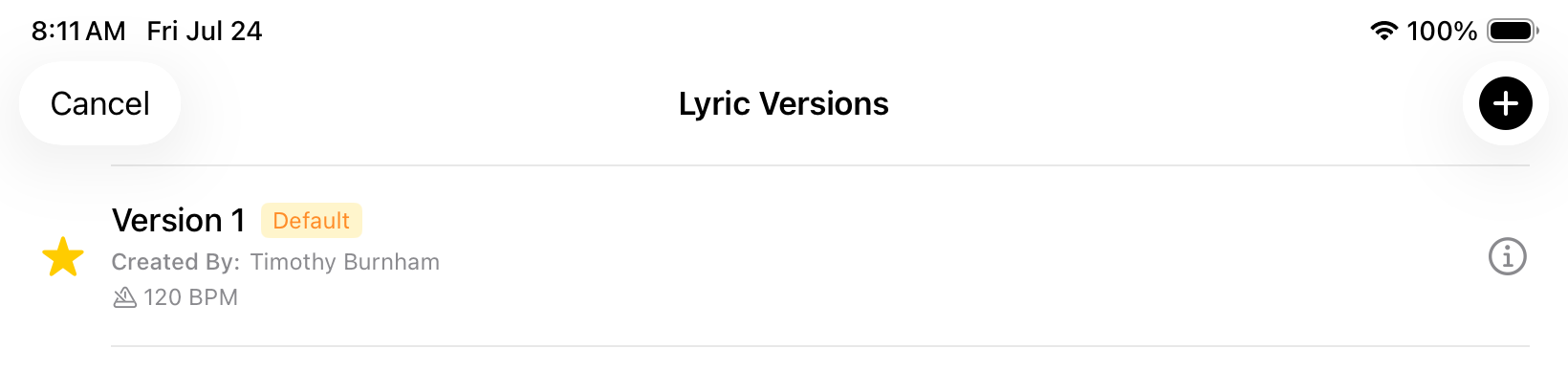 The Lyric Versions list showing Version 1 marked Default with a gold star, the person who created it, and a plus button to add a version
