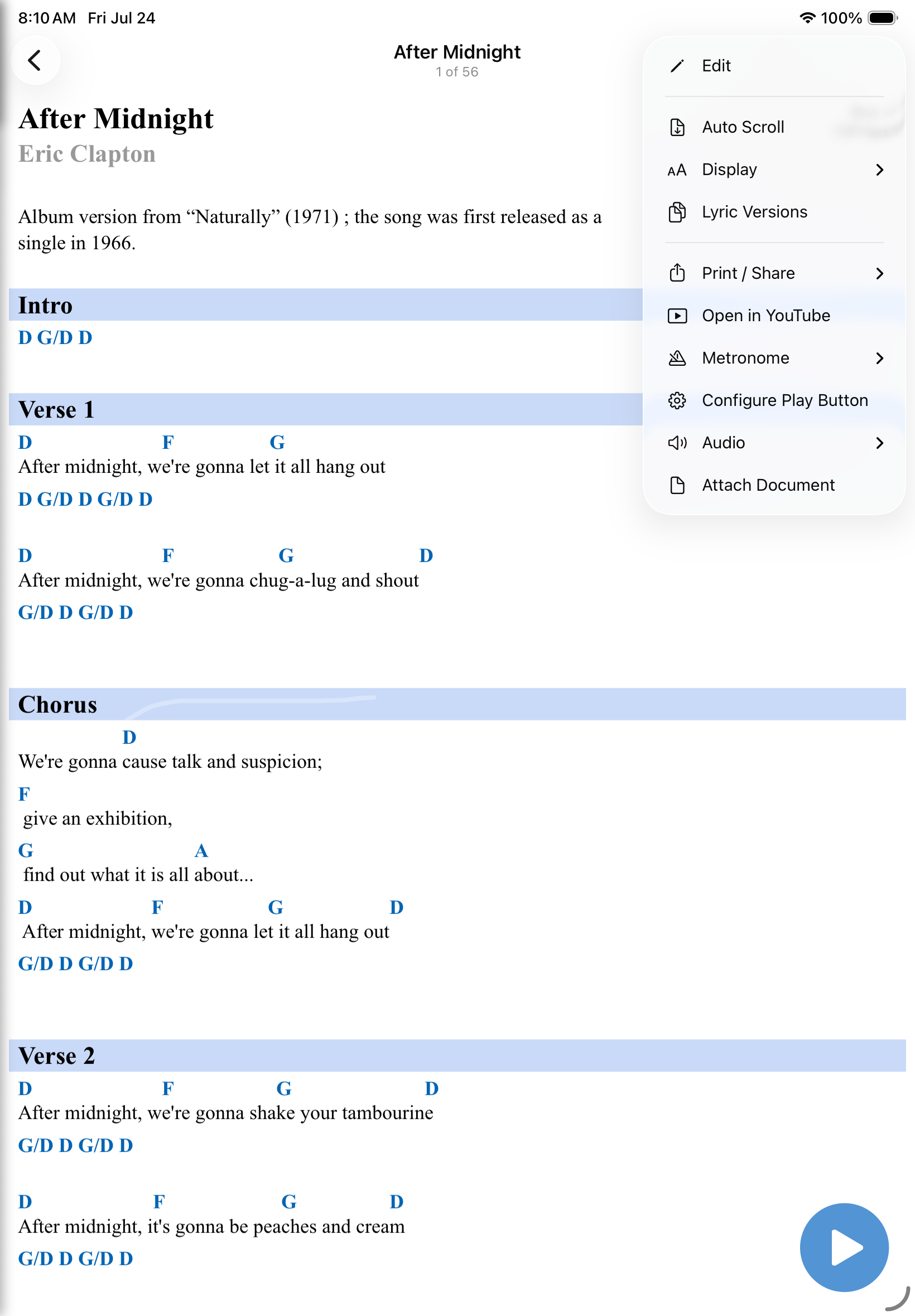 The lyric-view three-dot menu in Band Central, where Display, Format Lyrics, and other tools live