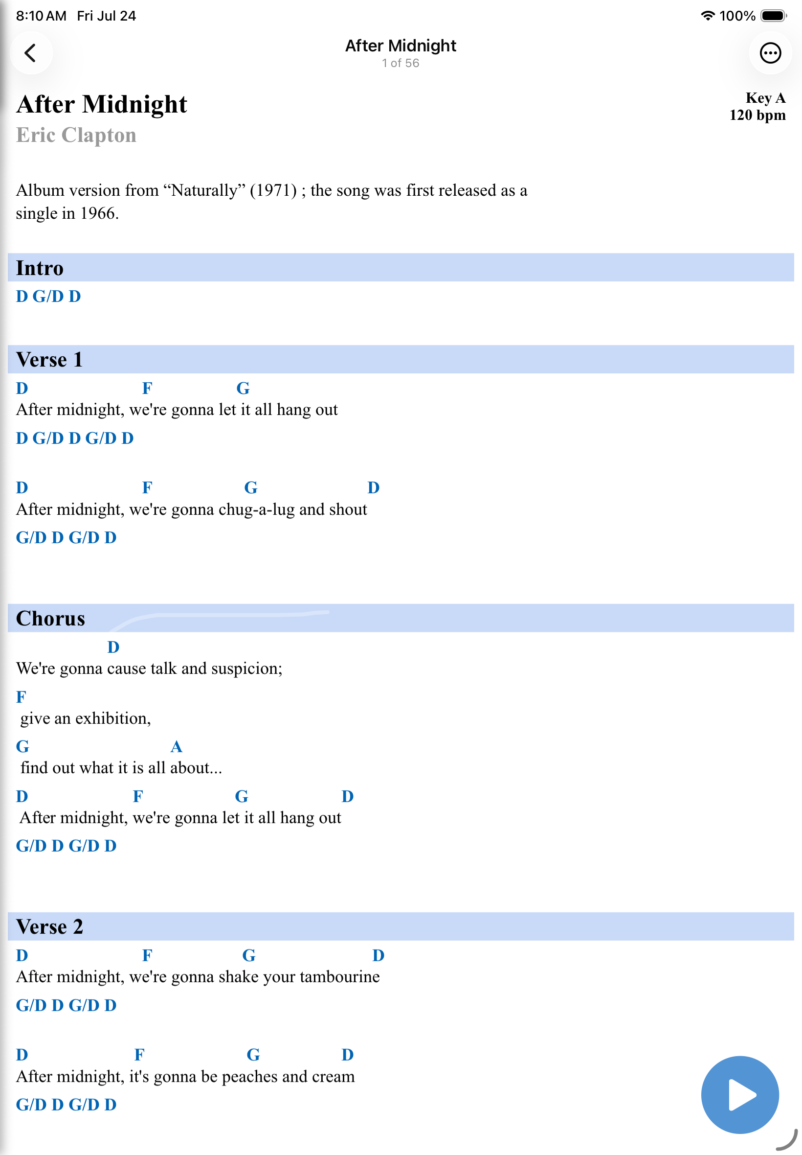 A ChordPro lyric in Band Central with blue chords positioned above the words, section headers, and the key and tempo in the top corner